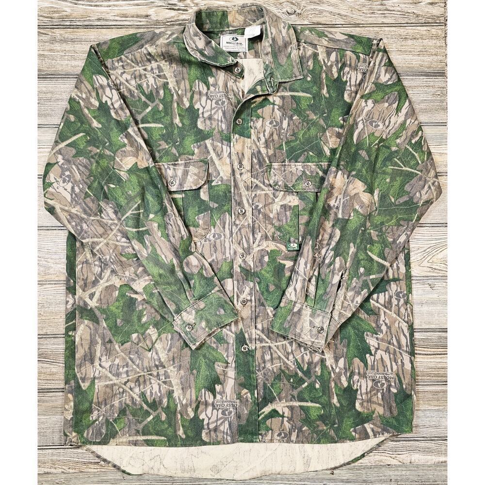 MOSSY OAK Green Leaf Camo Shirt Men's XL USA Made Vintage Button Up Long Sleeve